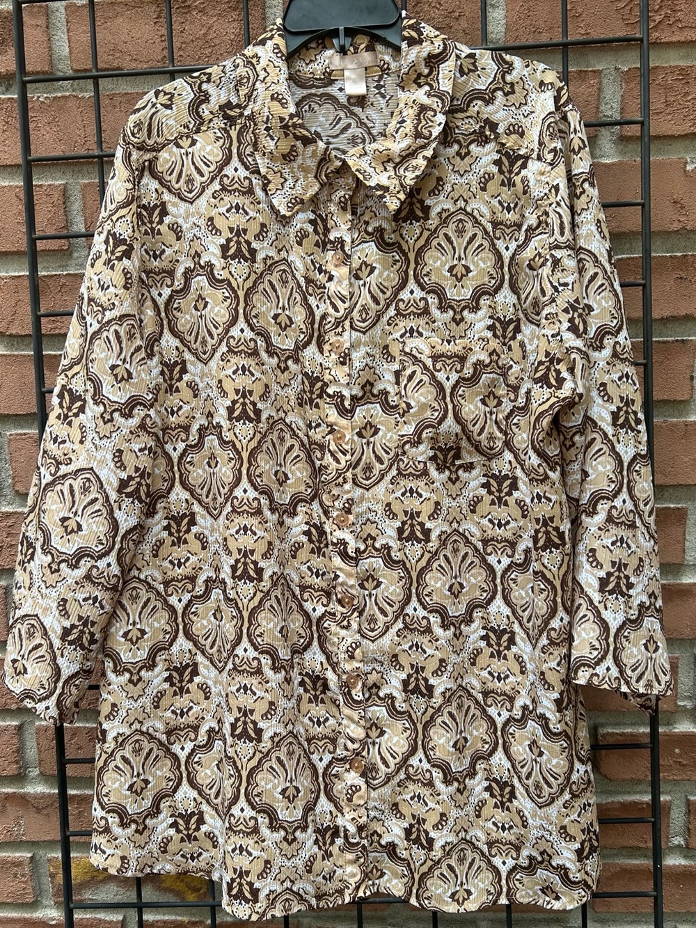 Vintage White Stag Patterned Button-Up Shirt - Brown and Cream